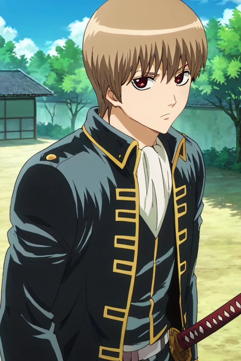 score_9,score_8_up,score_7_up,source_anime,looking at viewer, solo, 1boy, okita sougo,brown hair, red eyes, outdoors, black jacket,military uniform, holding katana, katana, samurai pose<lora:EMS-393535-EMS:1.000000>