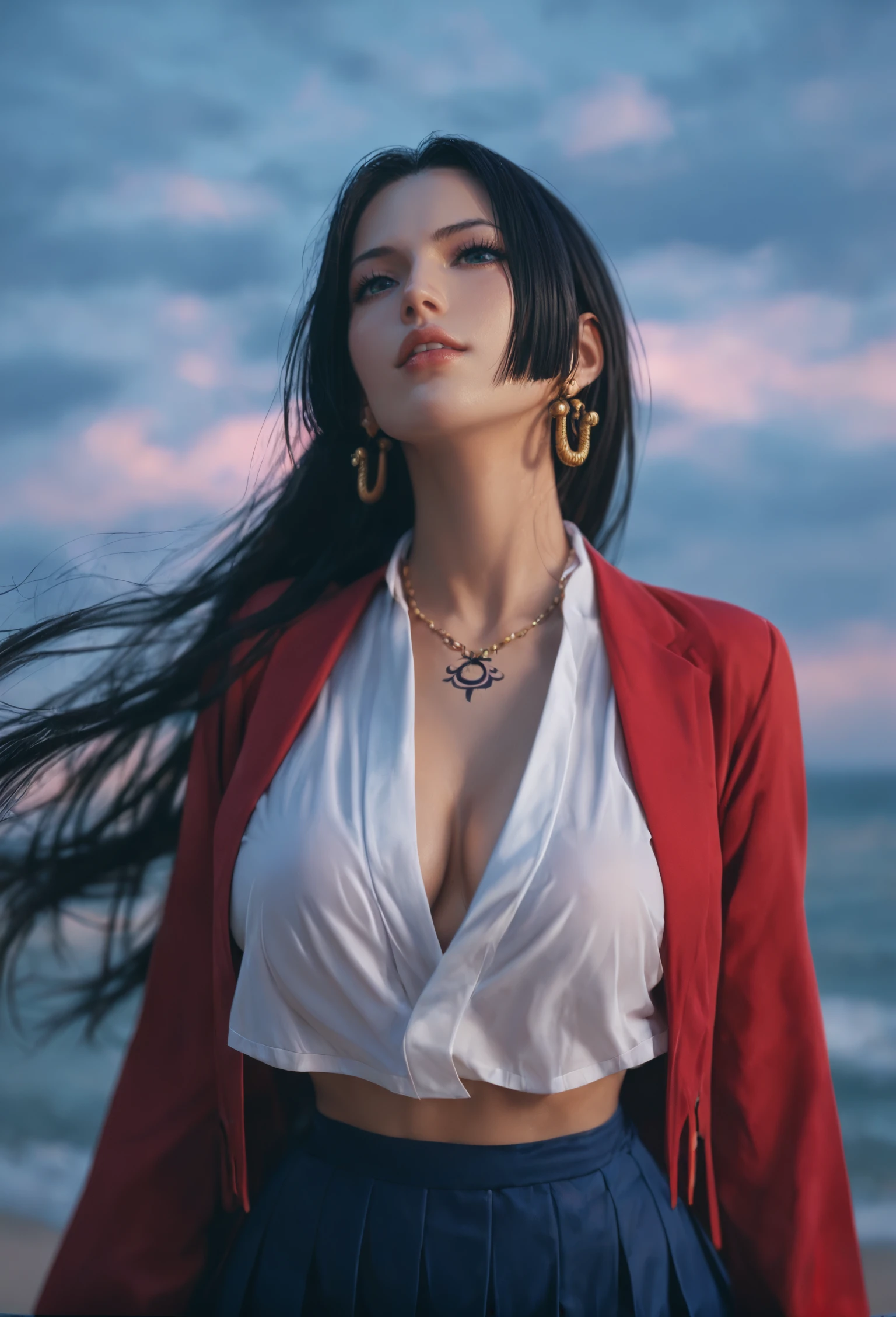 realism photograph style, exaggerated composition, Boa Hancock in One Piece, in school uniform skirt,Pranya tattoo on the back, high resolution, detailed shooting, epic picture style, night time, look up, score_9, score_8_up, score_7_up