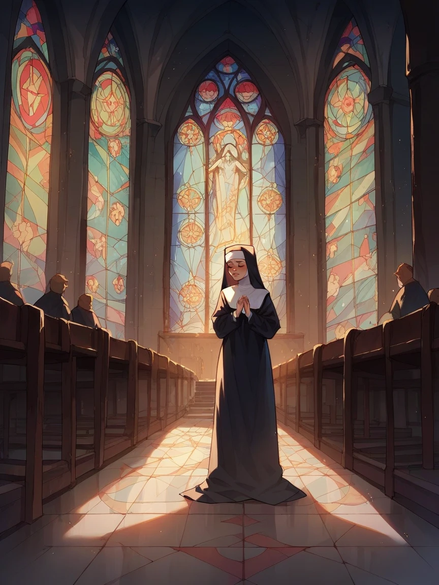 score_9, score_8_up, score_7_up, score_6_up, 1girl, nun, standing  <lora:churchXLP:0.4> church, indoors, stained glass,