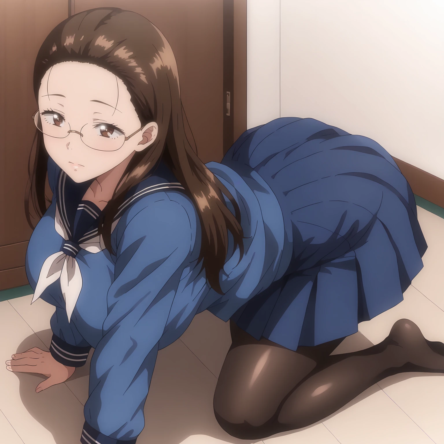 <lora:TomoeKisaragiXLpony001>,
solo,
TomoeKisaragi,1girl,brown hair,long hair,forehead,brown eyes,eyewear,
large breasts,
blue serafuku,
pleated_skirt,blue skirt,
black_pantyhose,
full body,all fours,