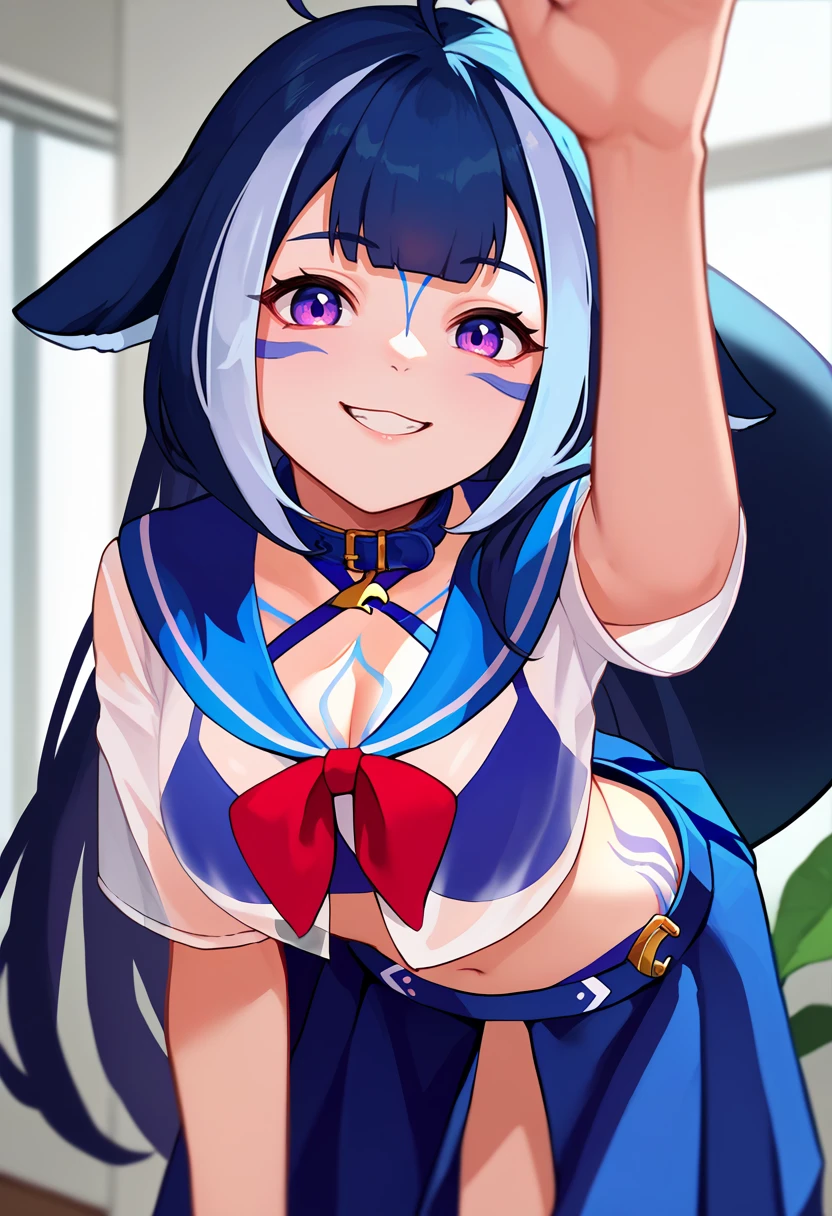 score_9, score_8_up, score_7_up, source_anime, solo, 1girl, shylily1st, smile, looking at viewer, leaning forward, incoming headpat, arm up, heart ahoge, facial mark, fins, body markings, cetanean tail, blue collar, belt collar, blue bikini, swimsuit, bikini under clothes, school uniform, white shirt, see-through shirt, blue sailor collar, criss-cross halter, blue skirt, indoors <lora:concept_incomingheadpat_ponyXL:1> <lora:spshylilyXLPony:0.9>