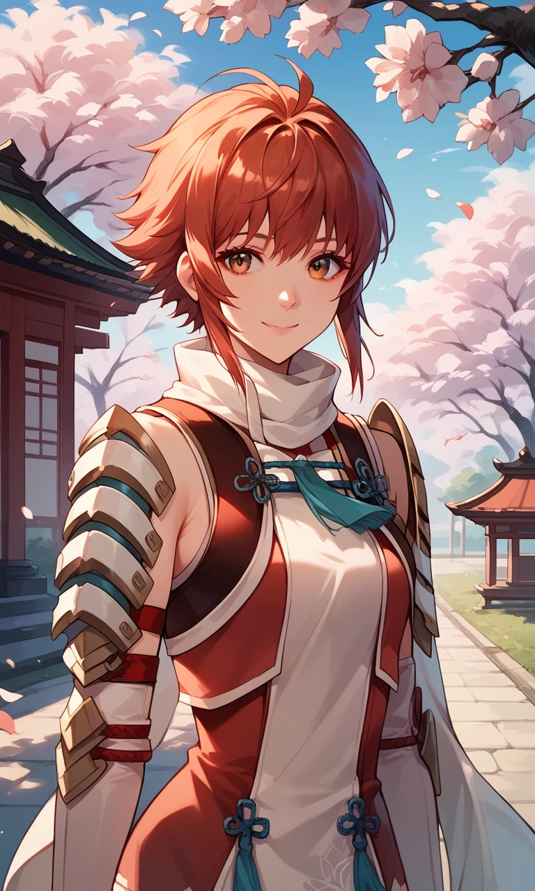 score_9, score_8_up, score_7_up, source_anime, 1girl, hinoka, Japanese courtyard, sakura tree, closed mouth, smile, portrait, upper body, shoulder armor, thighhighs, garter straps, scarf, 