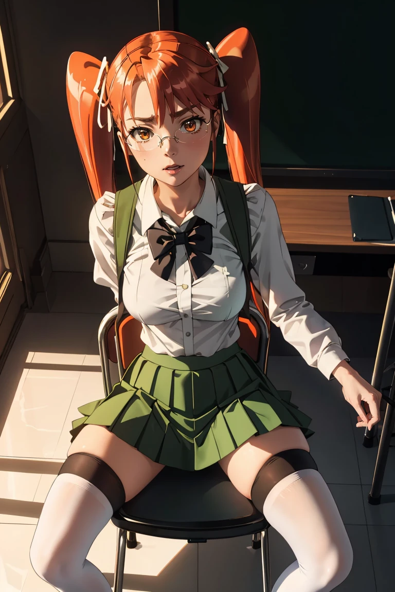 masterpiece, best quality,
Ray tracing, hdr, volumetric lighting,
1girl,
 <lora:SayaTakagi_HighschoolOfTheDead_FefaAIart:0.8>
takagi saya, twintails,  orange eyes, hair ribbon, glasses,
school uniform, green skirt, pleated skirt, serafuku, black thighhighs, black bowtie,
<lora:StraddlingChair_SittingChair_FefaAIart:0.6>, (straddling chair),