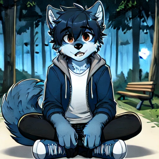 wolf ears, tail, expressive brown eyes, dark blue jacket, hand in pocket, simple 2d cartoon style, furry, smile, moon, jacket, brown eyes, teenage anthropomorphic male wolf, looking back, outdoors, 1boy, simple background, controller, dark intense black hair, furry body, open mouth, hands in pockets, animal ears, blue background, young anthropomorphic wolf, backpack, wristwatch, watch, white shirt, hood, upper body, gradient background, white underfur, furry male, 2d animated, male focus, white background, multiple views, young male furry, ?, headphones, shirt, gradient, walking, blue fur, sitting, pants, nature, bag, full body, looking at viewer, game controller, grass, indoors, tree, wolf boy, animated character, forest, solo, black hair, building, night, less detailed, cartoon, anthropomorphic wolf