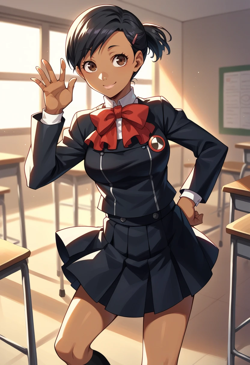 score_9, score_8_up, score_7_up, source_anime BREAK 1girl, solo,
<lora:zs_YukoXL:1> yukop3, short hair, hairclip, dark skin, brown eyes, black hair, gekkoukan high school uniform, skirt, socks, 
cowboy shot, smile, closed mouth, classroom