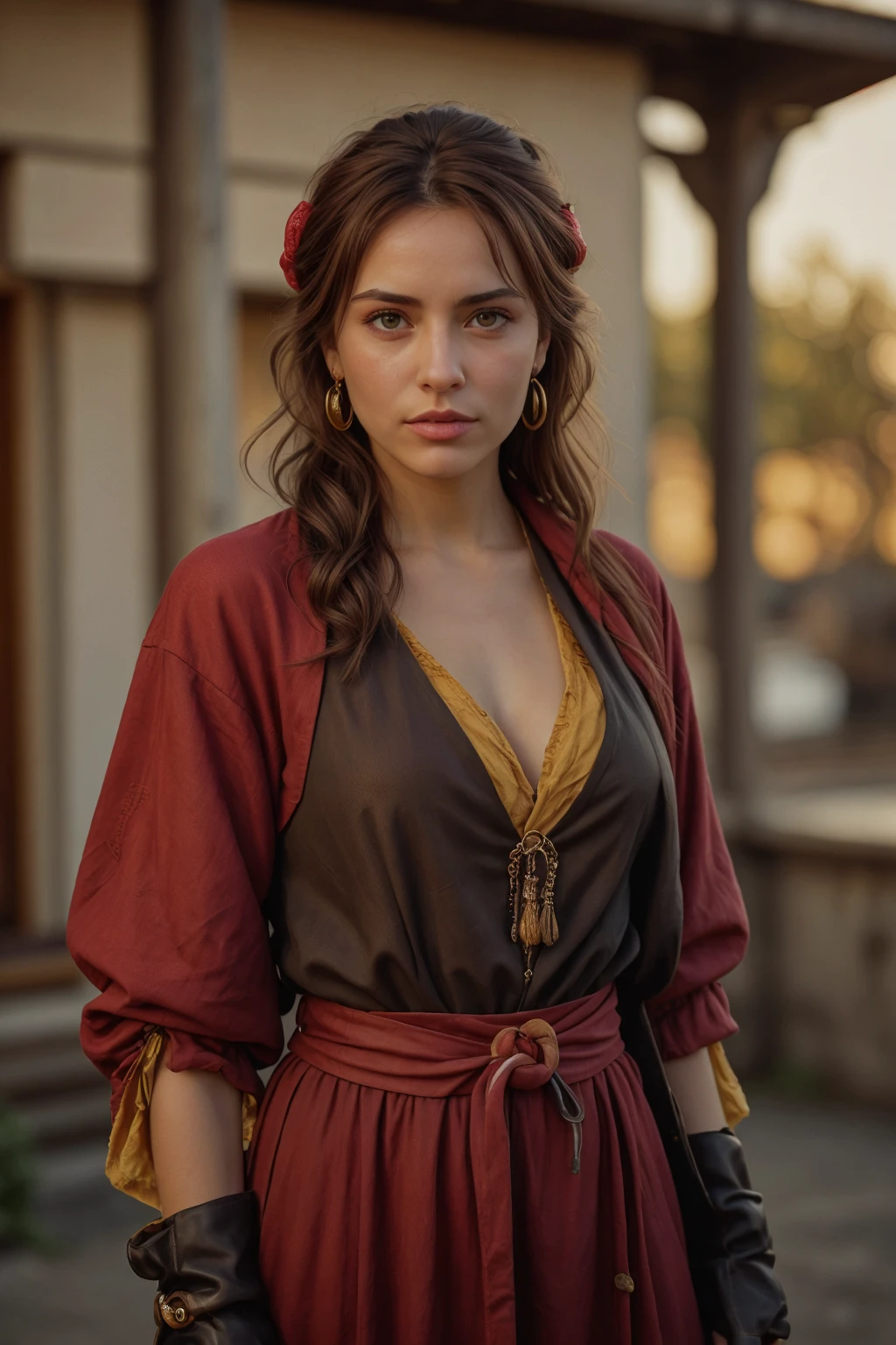 Realistic portrait of an hispanic woman with curly auburn hair, wearing a crimson gypsy tunic with yellow vests, (red headband:1.1), circle earrings, sash, leather belt, leather gloves, (hungry:1.3), She stands against a backdrop of soft, golden evening sunlight, casting a gentle warmth on her features. fantasy, <lora:[VG]_-_Ezmeralda_D'Avenir:1> mt-ezmeralda