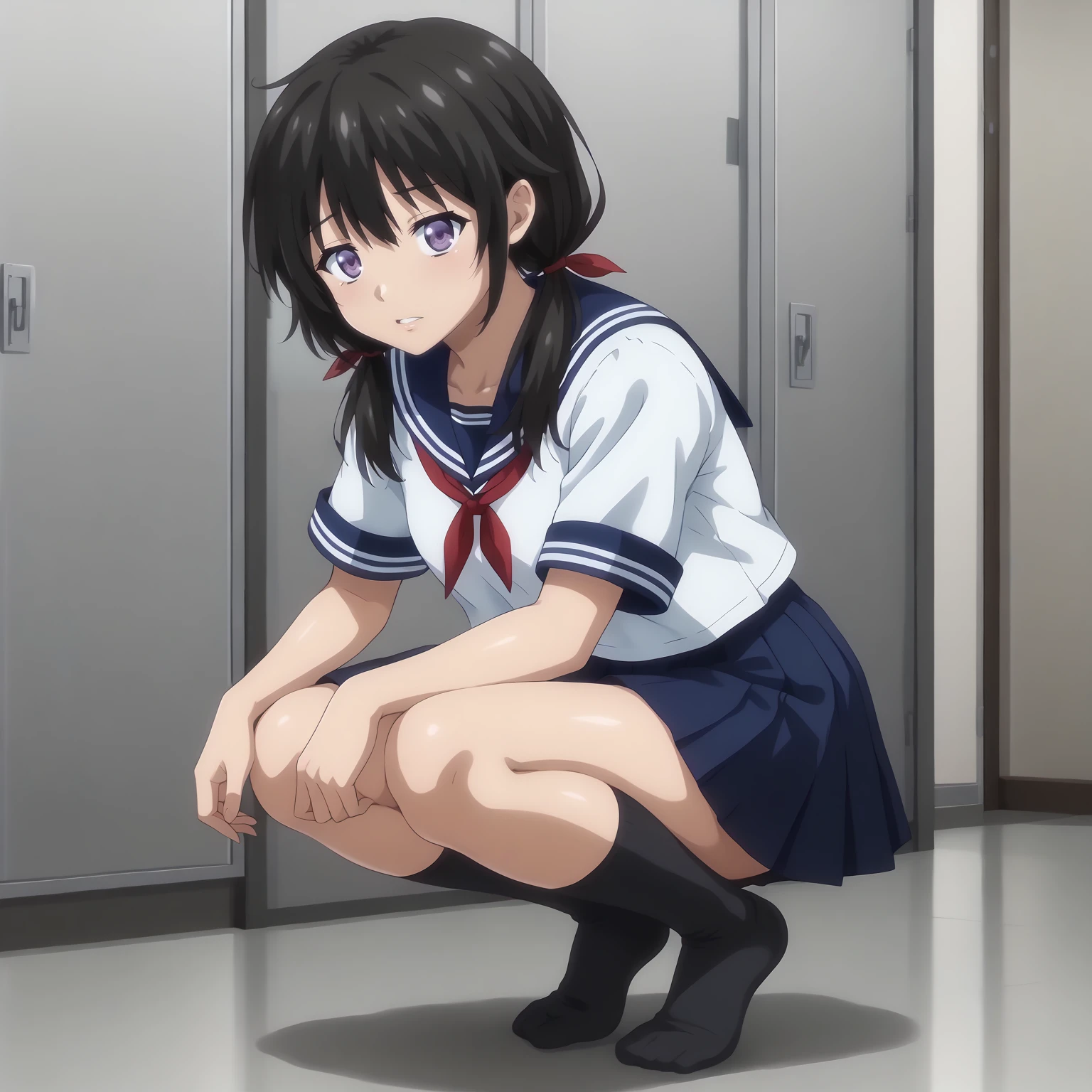 <lora:HayakawaXLpony002>,
parted lips,
solo,
Hayakawa,1girl,black hair,low twintails,purple eyes,
serafuku,white shirt,red_neckerchief,short_sleeves,
pleated_skirt,blue skirt,
black socks,
full body,squatting,