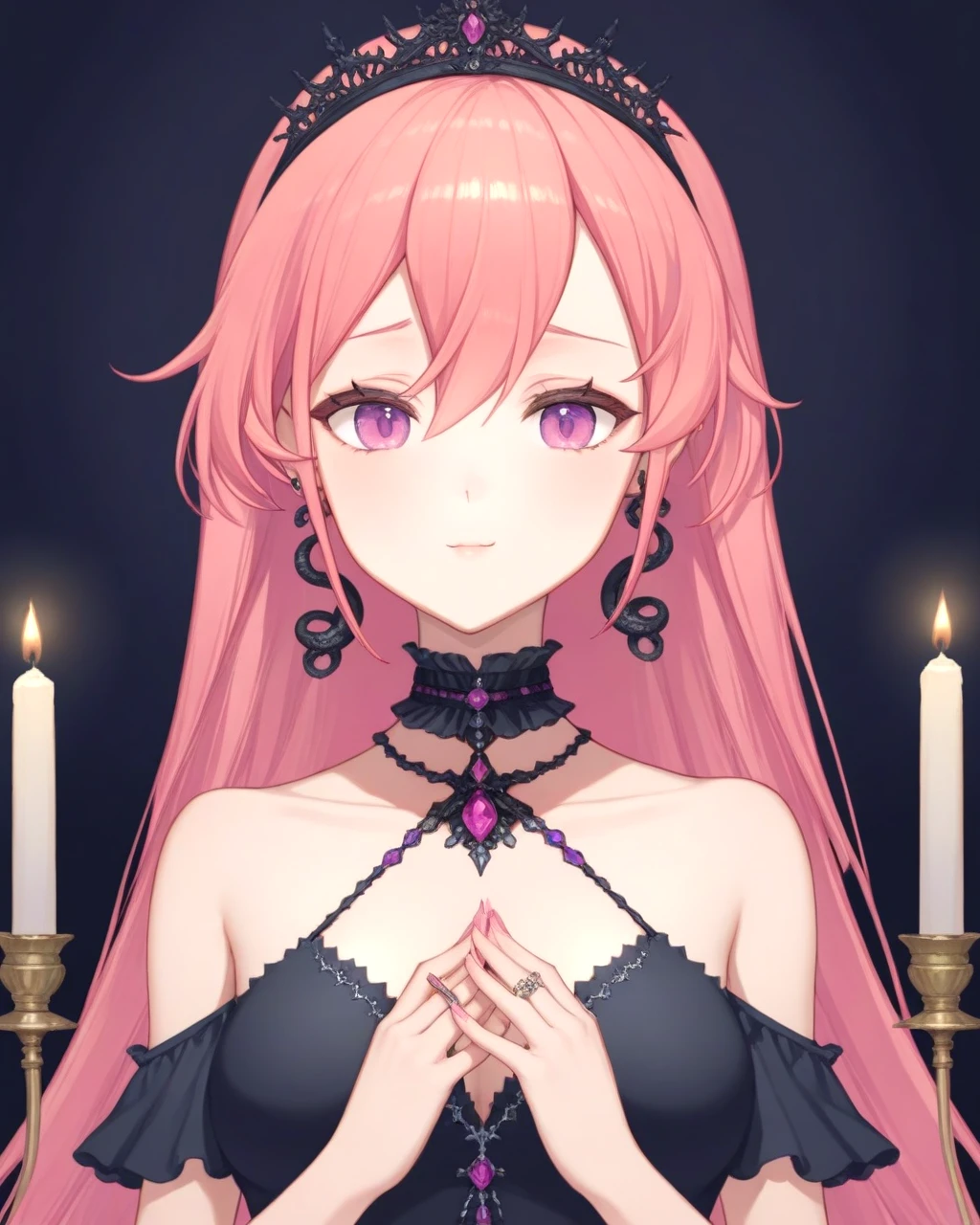 runie, bangs, bare shoulders, breasts, crown, earrings, hair between eyes, jewelry, long hair, nail polish, solo, very long hair, pink hair,
 <lora:RUNIE-XL-t5-000001:0.6>
(indoors, candlelight, clasping hands together, blush, nervous)