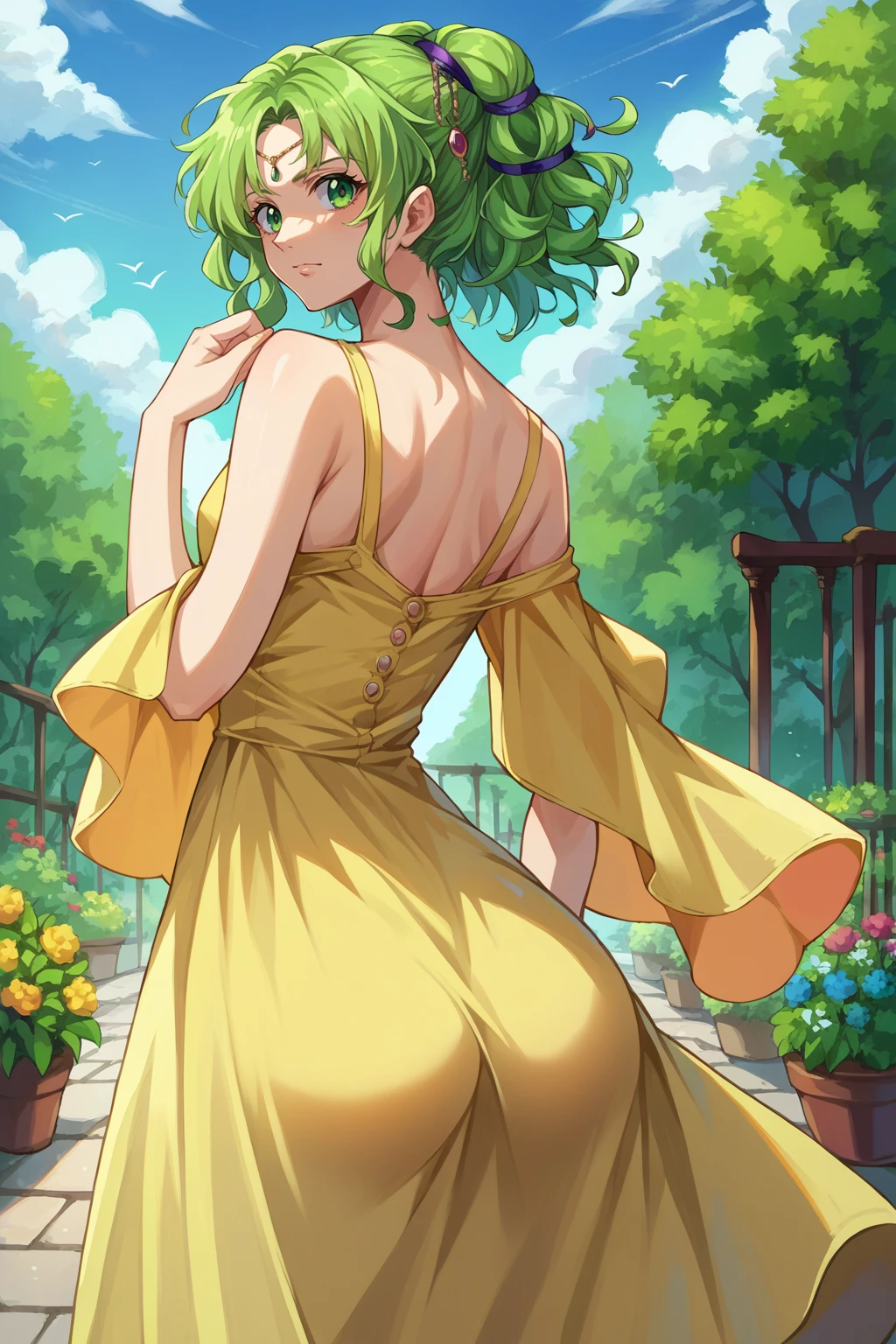 score_9, score_8_up, score_7_up, 1girl, solo, source_anime <lora:NSLArachelFE8:1> NSLArachelFE8, green eyes, green hair, circlet, hair ornament, yellow sundress, from behind, large ass, garden, looking back, sunny, glowers