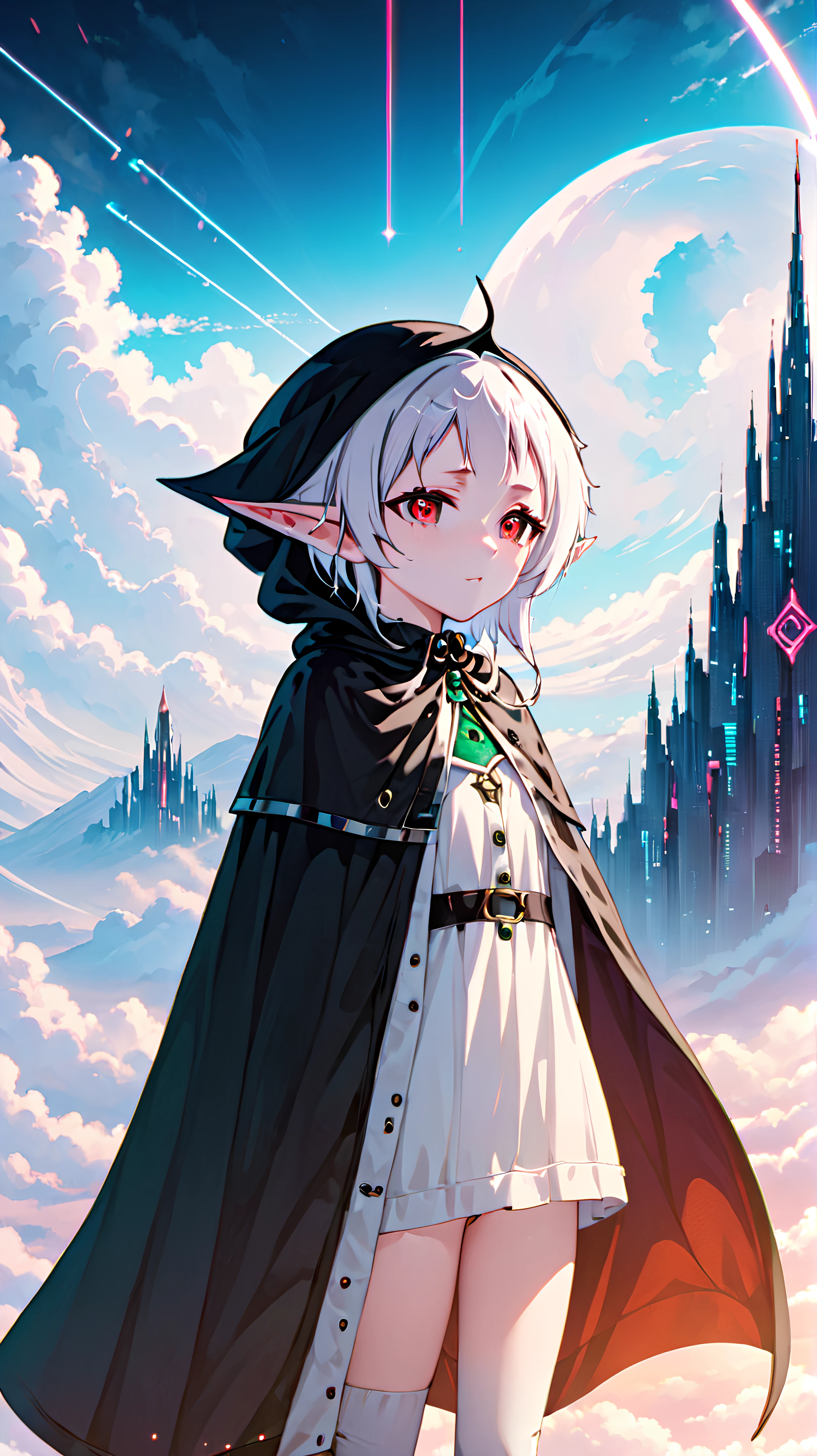 1girl, solo, <lora:Anime Enhancer XL V2:1> <lora:Sylphie:1> Sylphie, Sylphie is an elf, Sylphie has red eyes, <lora:GlitchGirlModel1Final:.7> GlitchBreakGirl, Sylphie has white hair,
Sylphie wearing a black hooded cloak,
photograph, cinematic, cyberpunk, noon, blue sky, clouds, scenery, "at the living Void"<lora:EnvyEgyptianFuturismXL01:0.5>