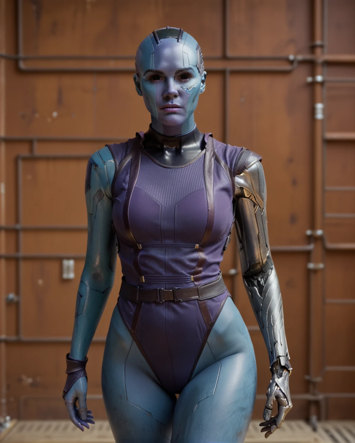 <lora:NebulaPony:0.7> nebula, solo,black eyes, female, beautiful, cyborg, sleeveless, blue skin, left robotic arm, thighs, leotard, blue skin, purple skin, robotic implants, score_9, score_8_up, score_7_up, score_6_up, score_5_up, score_4_up