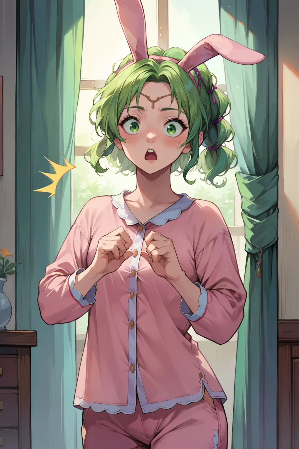 score_9, score_8_up, score_7_up, 1girl, solo, source_anime <lora:NSLArachelFE8:1> NSLArachelFE8, green eyes, green hair, circlet, hair ornament, pink pajamas, bunny ears, :< , jaw drop, surprised, indoors, looking at the viewer