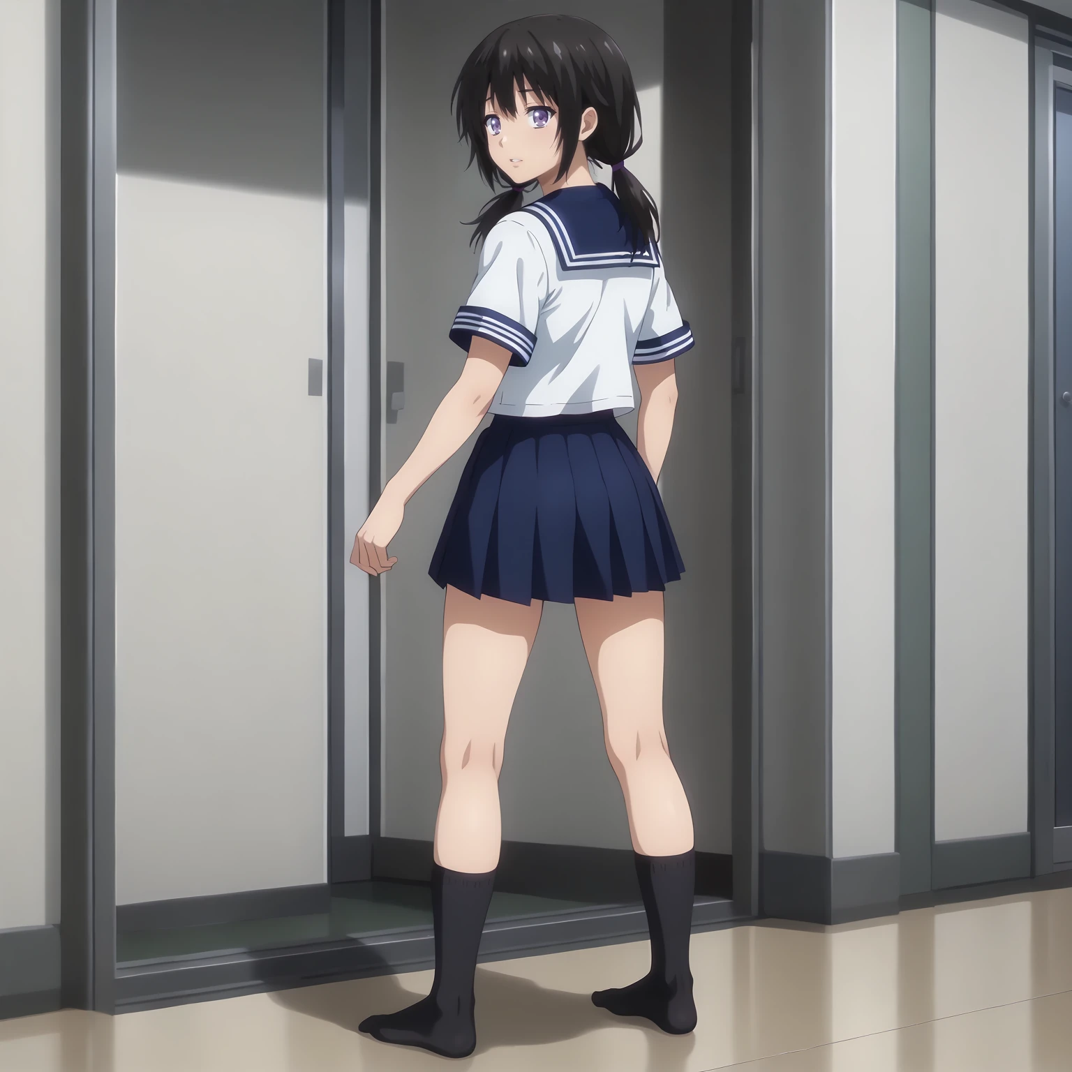 <lora:HayakawaXLpony002>,
parted lips,
solo,
Hayakawa,1girl,black hair,low twintails,purple eyes,
serafuku,white shirt,short_sleeves,
pleated_skirt,blue skirt,
black socks,
full body,standing,looking back,