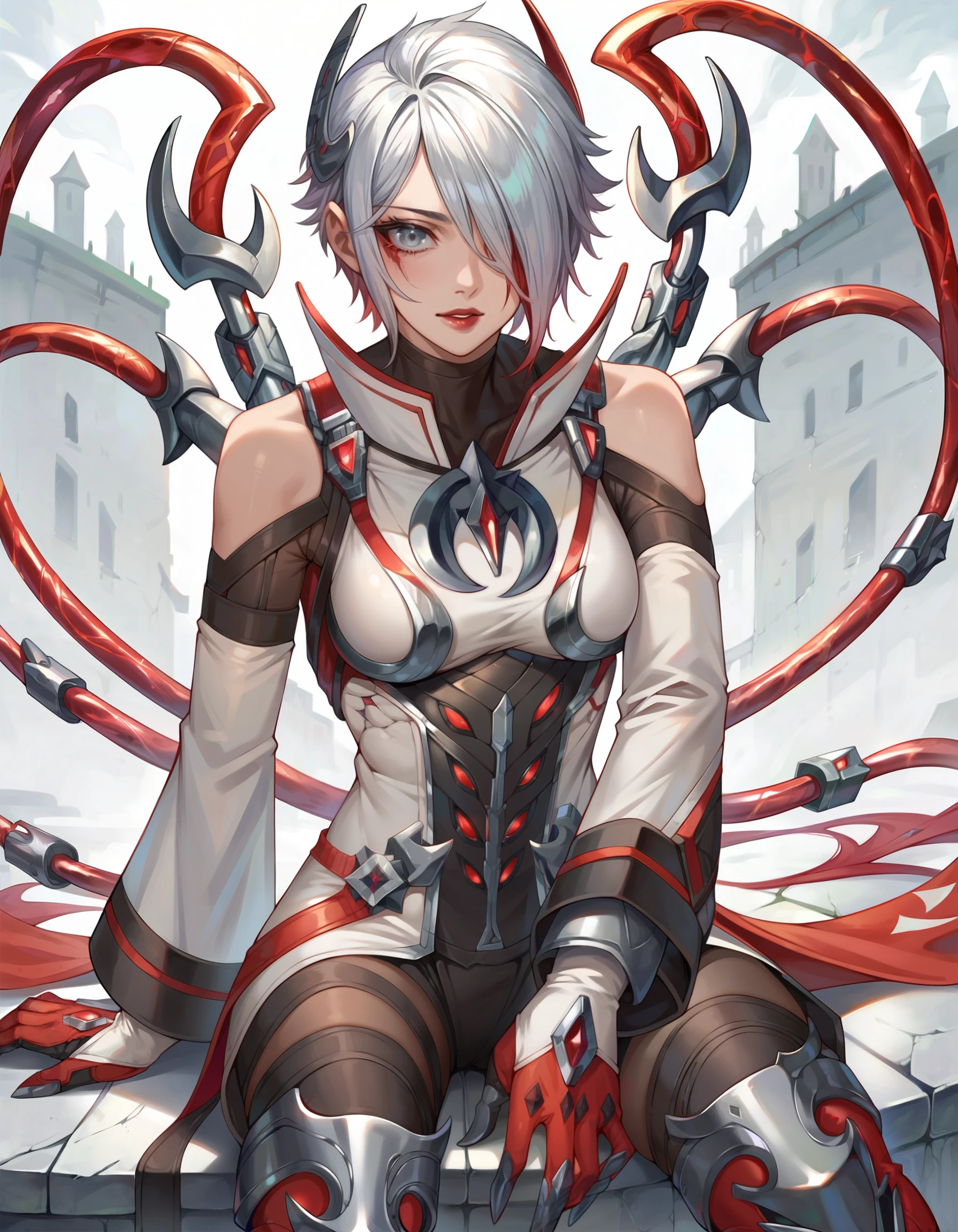 (Masterpiece:1.4), (best quality:1.2), score_9, score_8_up, score_7_up, score_6_up, 1girl, solo, ctl7tbldmn, grey gloves, red gloves, long detached sleeves, bodysuit, thigh boots, gradient hair, grey hair, multicolored hair, red hair, short hair, two-tone hair, breasts, pants, grey eyes, one eye covered, red lips, bare shoulders, sitting,2d     <lora:MyTrainings\Temp\Catalyst_Blood_Moon_XL_Pony.safetensors:0.7>