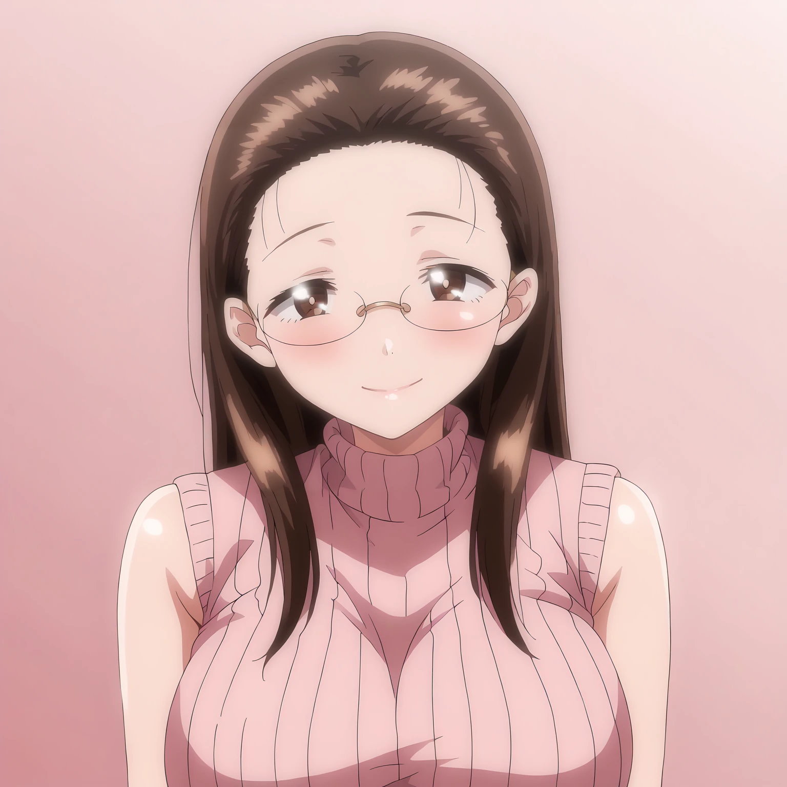 <lora:TomoeKisaragiXLpony001>,
blush,smile,
solo,
TomoeKisaragi,1girl,brown hair,long hair,forehead,brown eyes,eyewear,
large breasts,
turtleneck,pink ribbed sweater,sleeveless,