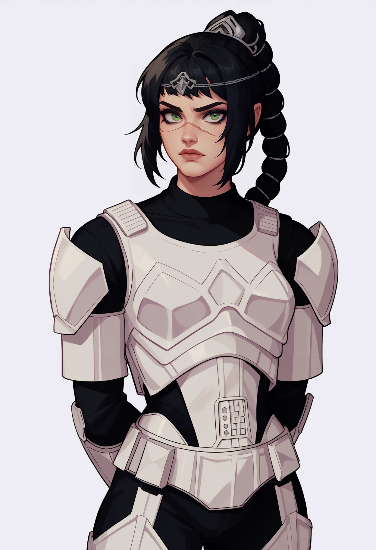 score_9, score_8_up, 1girl, solo, shadowheart, black hair, braided ponytail, green eyes, scar on face, stormtrooper,
looking at viewer, armor, pants,
arms behind back, standing, looking at viewer, white background <lora:ShadowHeartXL:0.8>  <lora:StormtrooperXL:1>