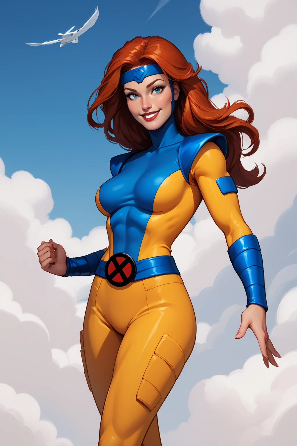 score_9, score_8_up, score_7_up, masterpiece, high quality, BREAK
 <lora:Jean Grey Classic X-MenPonyLoRA:1>jngryclsic, long hair, headband, turtleneck, bodysuit, pauldrons, vambraces, belt, flying, smile, clouds