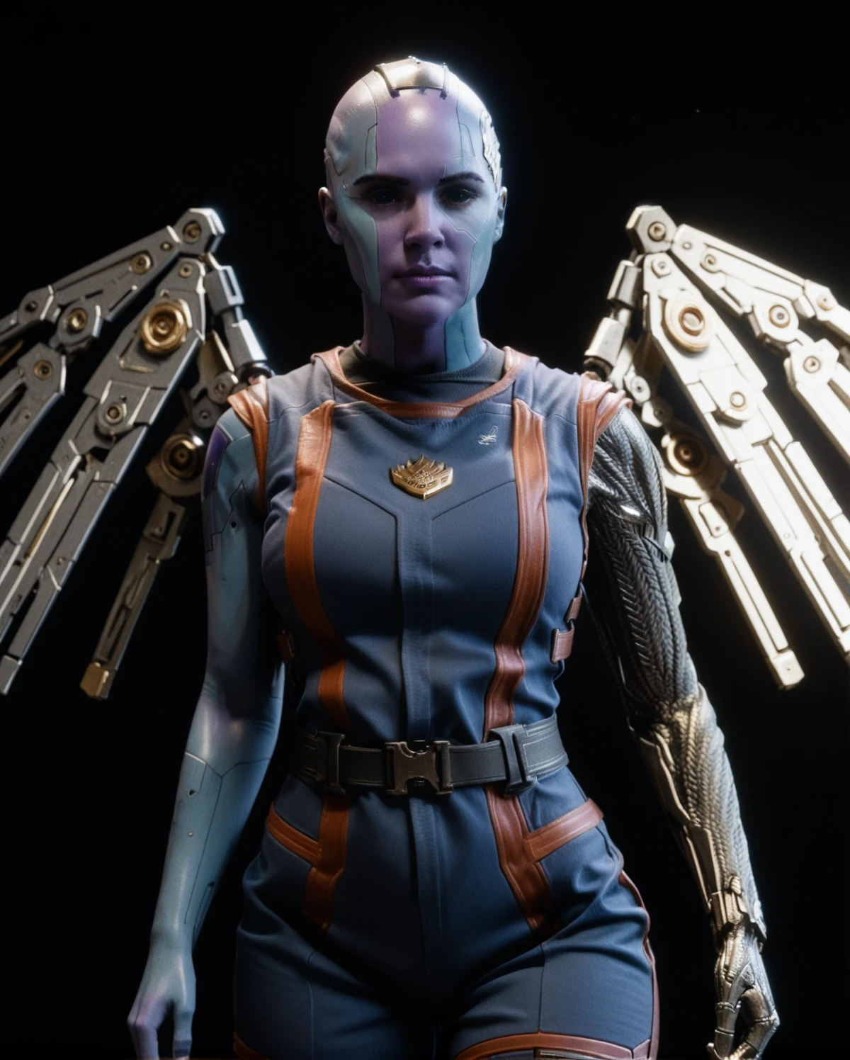 <lora:NebulaPony:0.7> nebula, solo,black eyes, female, beautiful, cyborg, sleeveless, single mechanical arm, purple skin large breasts, vol3, thin waist, mechanical wings, sexy female, thighs,, score_9, score_8_up, score_7_up, score_6_up, score_5_up, score_4_up