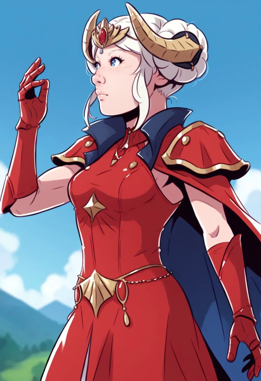 score_9, score_8_up, score_7_up, score_6_up, davecheung-dh BREAK, portrait, warEdel, double bun, fake horns, short hair, tiara, red dress, red cape, red gauntlets, long dress <lora:Artist_Style_-_Dave_Cheung:0.7>  <lora:add-detail-xl:0.4> <lora:edelgard-pdxl-nvwls-v1:0.7>