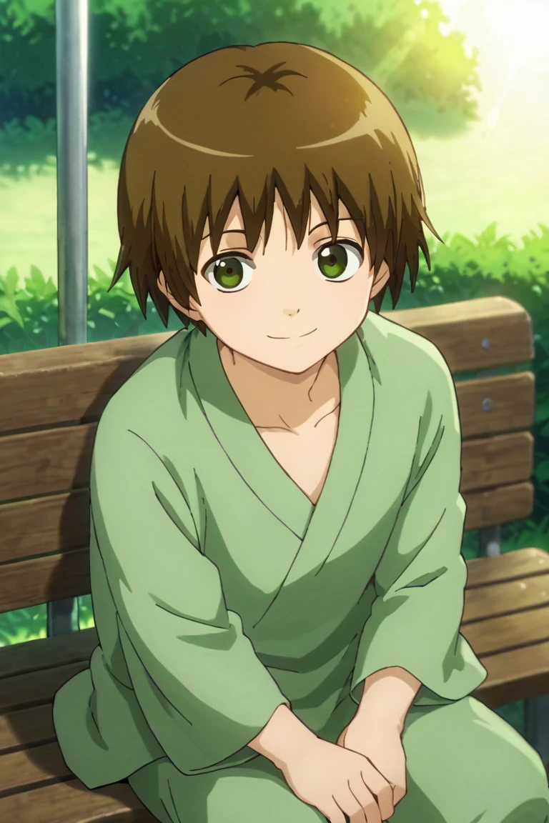 score_9,score_8_up,score_7_up,source_anime,looking at viewer, solo, 1boy, Seita,brown hair,green eyes, smile, outdoors, sitting, bench, sun, light ray, hands down on bench<lora:EMS-393542-EMS:1.000000>