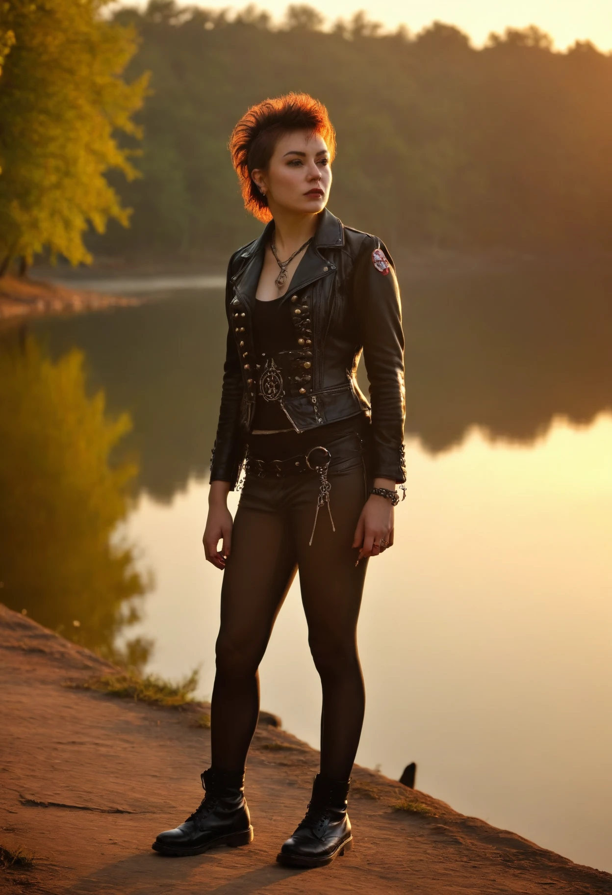 punk, woman, masterpiece, high quality , __pose__, lakeside, sunset, mature , Lean ,  , (Rosy-cheeked:0.3)   <lora:punk-XL:1>