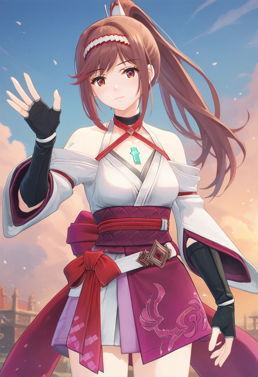 score_9, score_8_up, score_7_up, 1girl, solo, halterneck kimono, ribbon, black choker, wide sleeves, white belt, pink skirt, fingerless elbow gloves, cowboy shot, brown eyes, hairband, chest jewel, glimmer, ponytail, looking at viewer, hairpiece, waving <lora:glimmer xl 053 fro 95:1>