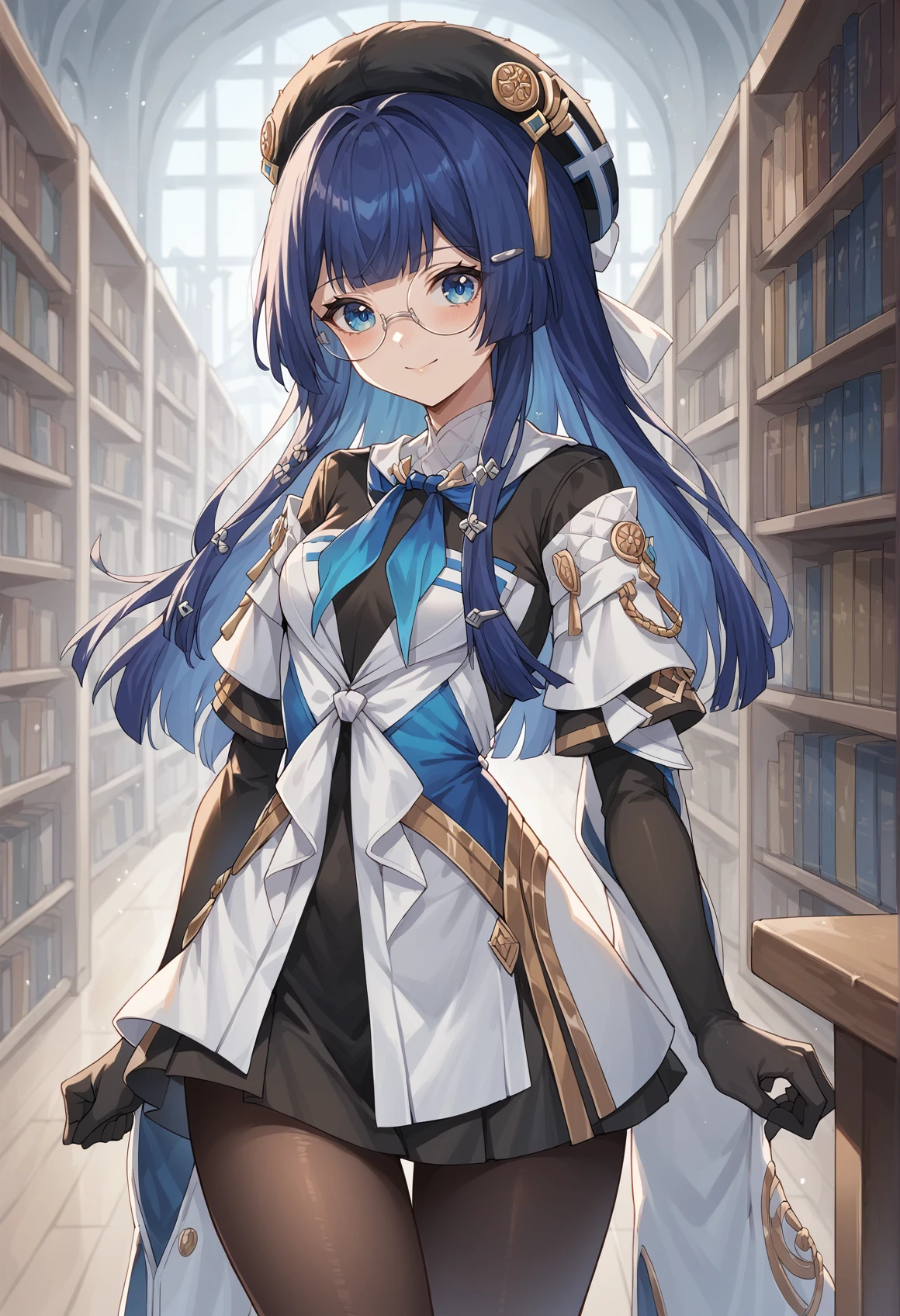 1girl, long hair, blue hair, hime cut, blue eyes, hat tassel, hairclip, beret, hair ornament, glasses, round eyewear, blue neckerchief, ribbon, long sleeves, wide sleeves, skirt, elbow gloves, pantyhose,  standing, library, looking at viewer, light smile, indoors, library, cowboy shot  <lora:Pela_XL:1>, score_9, score_8_up, score_7_up, score_6_up, score_5_up, score_4_up, BREAK source_anime, masterpiece