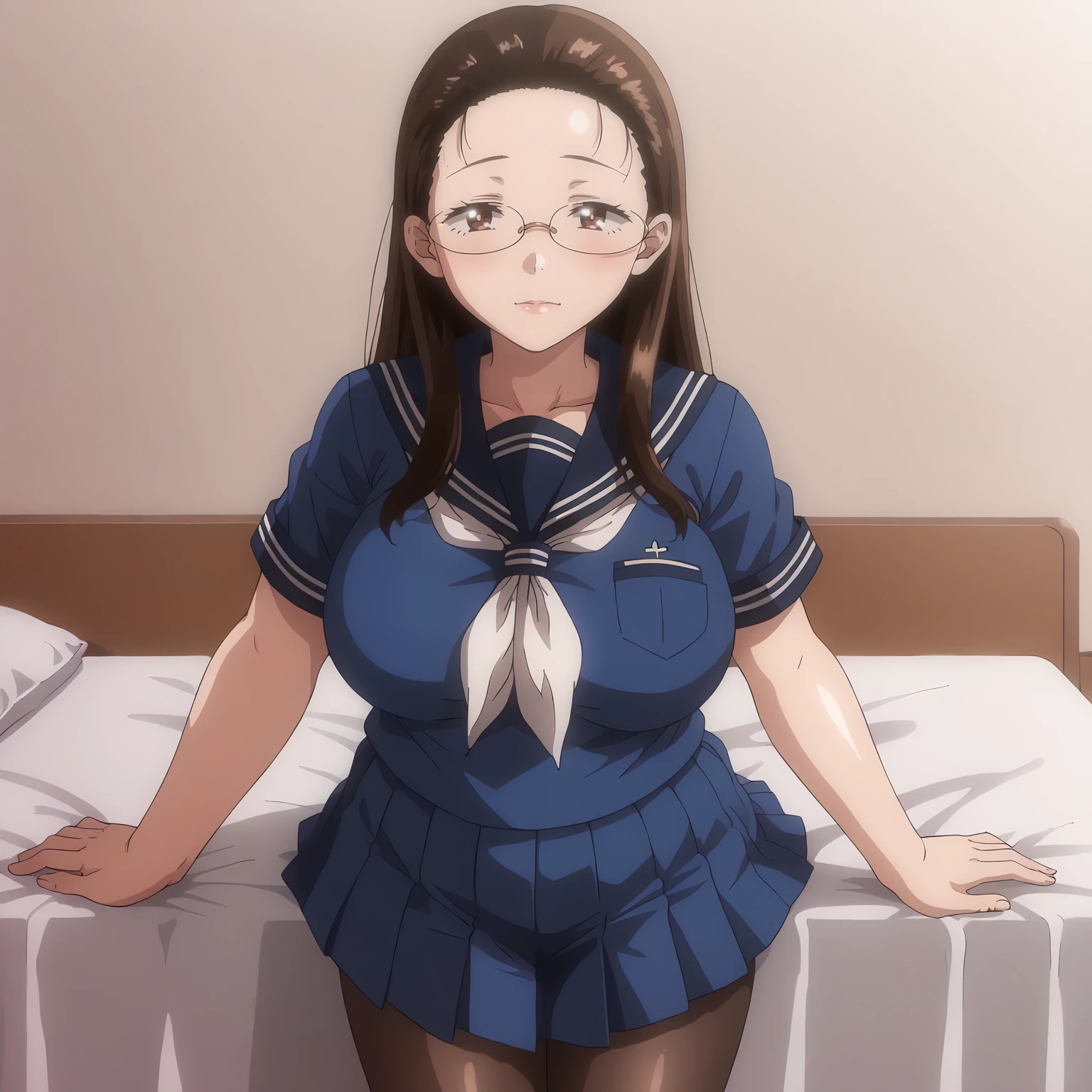 <lora:TomoeKisaragiXLpony001>,
solo,
TomoeKisaragi,1girl,brown hair,long hair,forehead,brown eyes,eyewear,
large breasts,
blue serafuku,
pleated_skirt,blue skirt,
black_pantyhose,