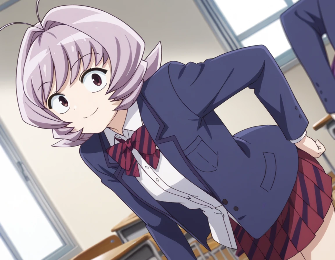 score_9, score_8_up, score_7_up, source_anime,
najimiosana, <lora:najimi-osana-s1s2-ponyxl-lora-nochekaiser:1>,
najimi osana, short hair, brown eyes, purple hair, hair intakes, antenna hair,
skirt, shirt, long sleeves, bow, school uniform, jacket, white shirt, pleated skirt, striped, collared shirt, bowtie, red skirt, blazer, blue jacket, striped bow, striped bowtie,
indoors, classroom, bent over, smile,
looking at viewer, cowboy shot, dutch angle, solo,
