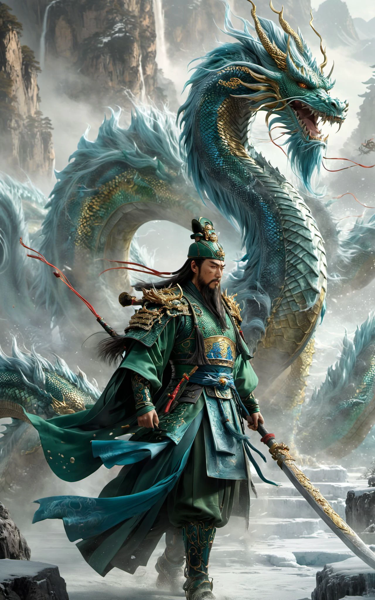 guan yu,guan yu in green and gold armor,XUER guan yu,
<lora:绪儿XL 关云长 guan yu:0.8>,
chinese men,beard,(long beard:1.4),(full body:1.4),(blue ice dragon:1.7),(masterpiece, top quality, best quality, official art, beauty and aesthetics:1.2),(a handsome man:1.2),super handsome,extremely detailed,(abstract: 1.4, fractal art:1.3),(black hair:1.1),colorful,the most refined,fire,ice,lighting,(splash_art:1.2),jewelry:1.4,hanfu,scenery,ink wash,all over,wide_shot,panorama,incredibly absurdres,huge filesize,absurdres,