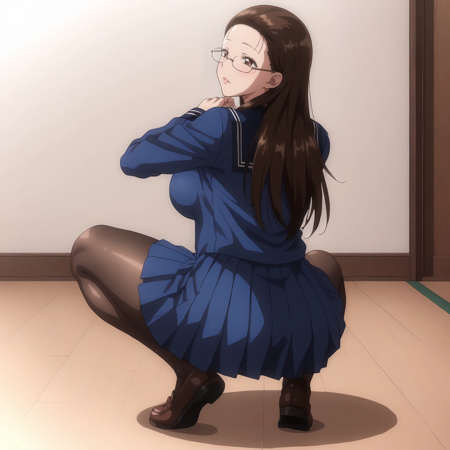 <lora:TomoeKisaragiXLpony001>,
solo,
TomoeKisaragi,1girl,brown hair,long hair,forehead,brown eyes,eyewear,
large breasts,
blue serafuku,
pleated_skirt,blue skirt,
black_pantyhose,
full body,squatting,looking back,