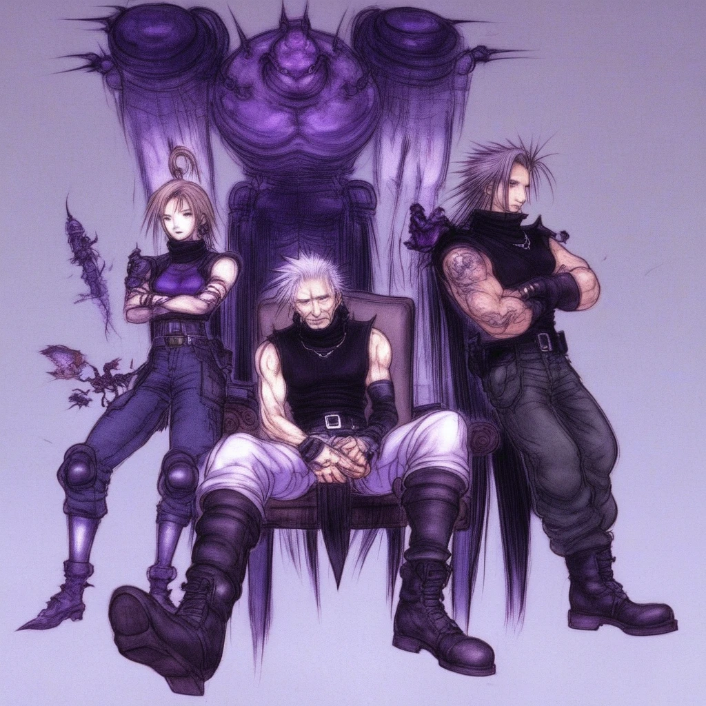 purple nails, Final Fantasy 9, sleeveless turtleneck, old man, tattoo, sitting, full body, military, Final Fantasy 7, 6+boys, one knee