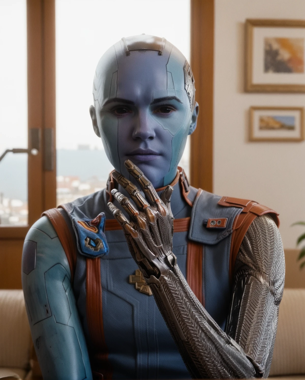 <lora:NebulaPony:0.7> nebula, solo,black eyes, female, beautiful, cyborg, vol3, sleeveless, blue skin, closeup on the robotic left hand, score_9, score_8_up, score_7_up, score_6_up, score_5_up, score_4_up