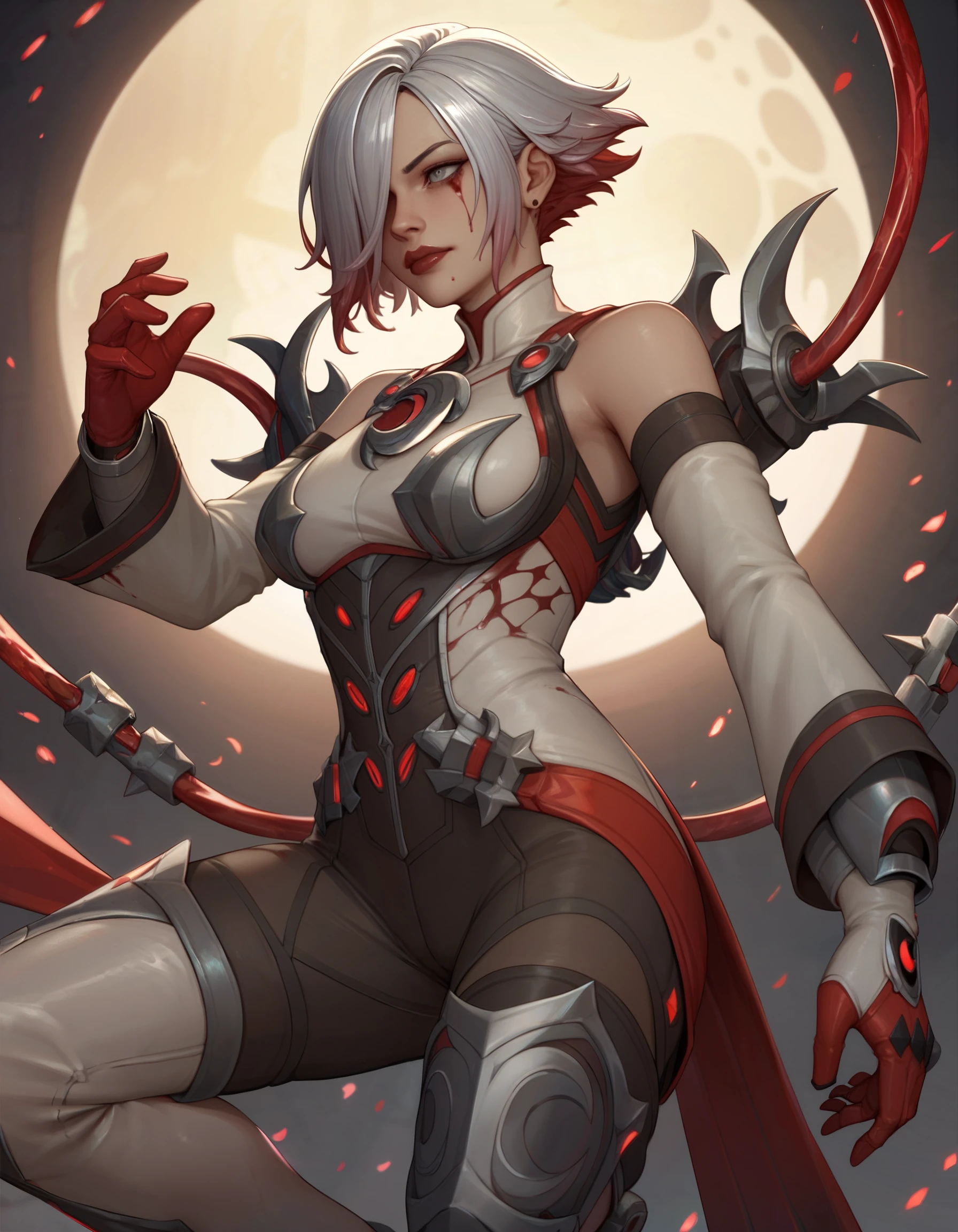 (Masterpiece:1.4), (best quality:1.2), score_9, score_8_up, score_7_up, score_6_up, 1girl, solo, ctl7tbldmn, grey gloves, red gloves, long detached sleeves, bodysuit, thigh boots, gradient hair, grey hair, multicolored hair, red hair, short hair, two-tone hair, breasts, pants, grey eyes, one eye covered, red lips, bare shoulders, blood crescent moon     <lora:MyTrainings\Temp\Catalyst_Blood_Moon_XL_Pony.safetensors:0.6>