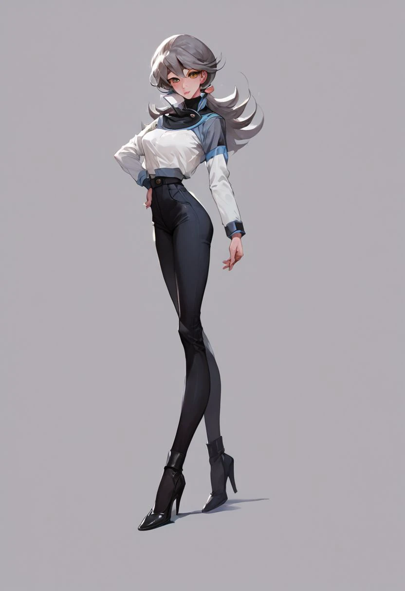 score_9, score_8_up, score_7_up, 1girl, anime artwork, 2d art, (lora:Momoe:1.5), grey background, (full body:1.5), (3/4 view:1.2), dark grey hair color, (seductive pose:1.5), nsfw,