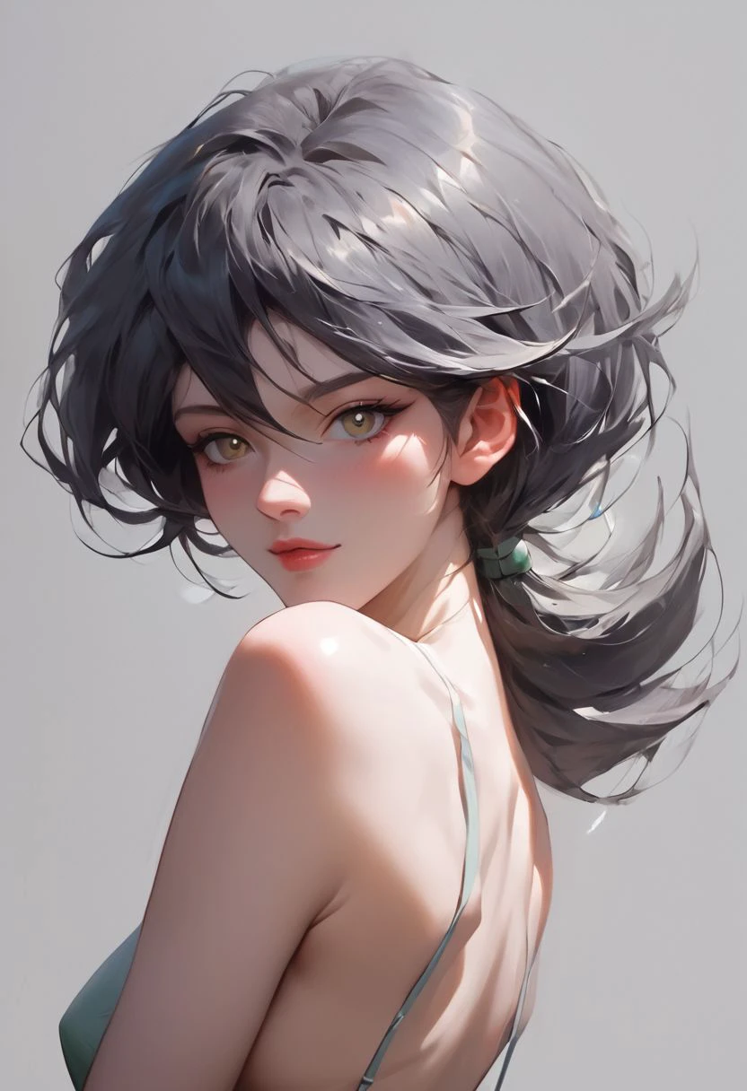 score_9, score_8_up, score_7_up, 1girl, anime artwork, 2d art, (lora:Momoe:1.5), grey background, (3/4 body:1.5), (3/4 view:1.2), dark grey hair color, (seductive pose:1.5), nsfw,