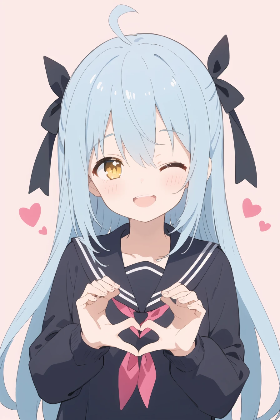 1other,yellow eyes,one eye closed,blue hair,smile,heart,ribbon,heart hands,open mouth,solo,hair ribbon,long hair,androgynous,pink background,bangs,looking at viewer,simple background,two side up,school uniform,black ribbon,rimuru tempest,star (symbol),sailor collar,long sleeves,