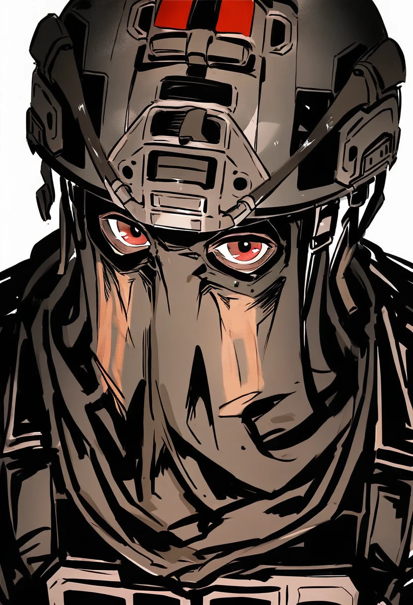 9_score,8_score_up,7_score_up,<lora:CODwarfareMalesPonyXL-000020:1>,konig,1boy,solo,male focus,mask,white background,looking at viewer,red eyes,upper body,simple background,military,bulletproof vest,helmet,jacket,