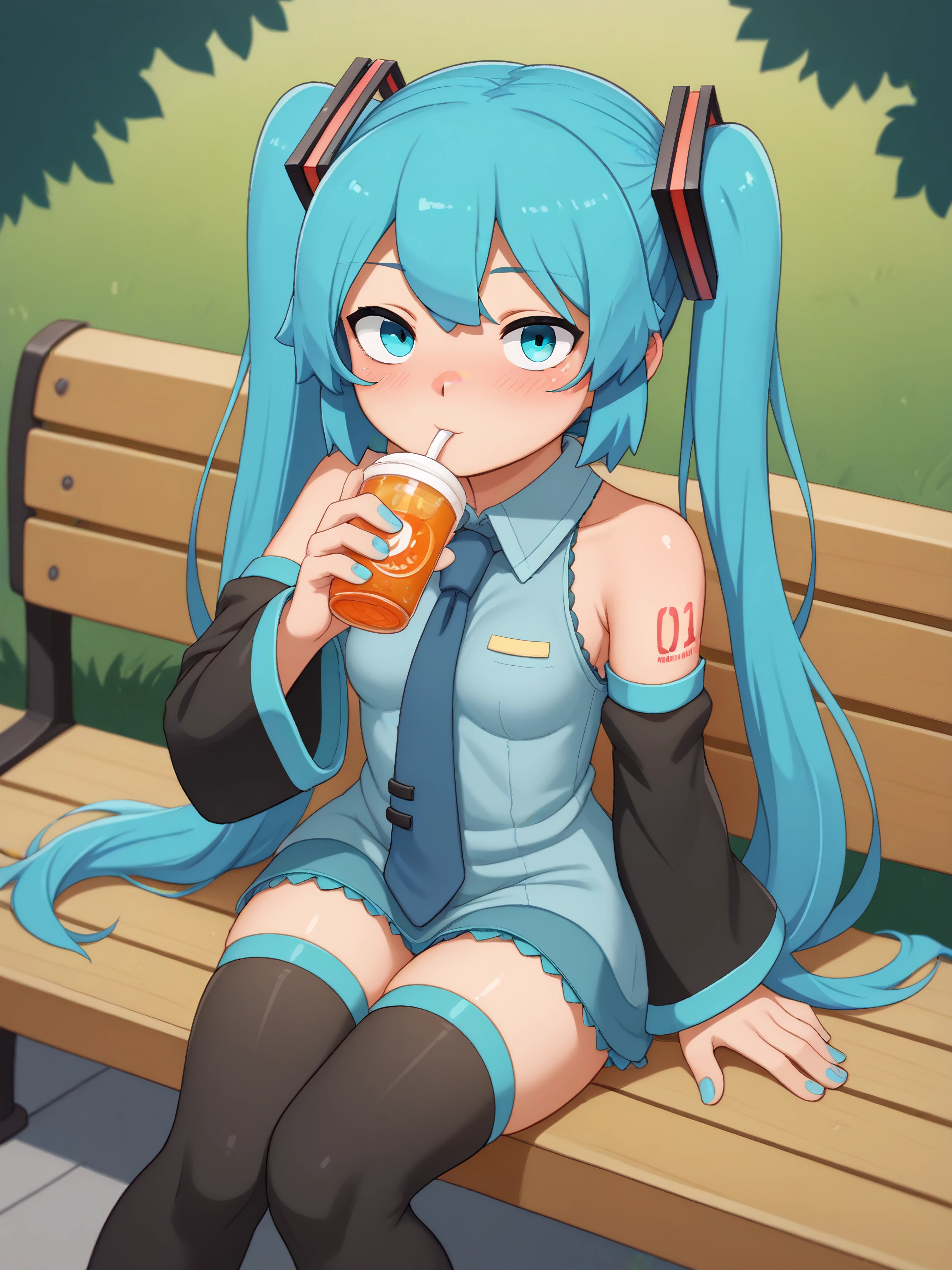 score_9, score_8_up, score_7_up, source_anime
solo, 1women, hatsune miku, sitting on a park bench, detached sleeves, thighhighs, drinking a juice