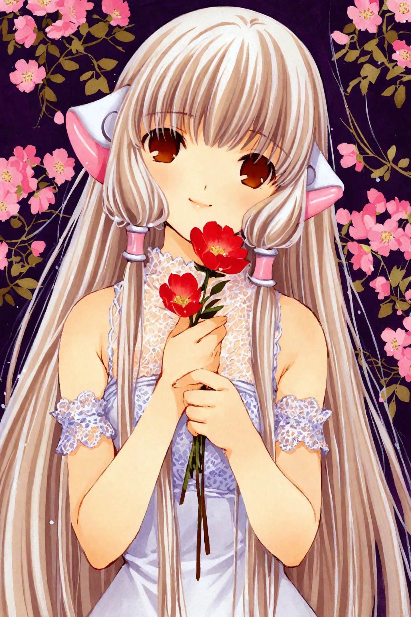 Chobits,
CHII,1girl,solo,flower,long hair,robot ears,holding,blonde hair,brown eyes,holding flower,light smile,hair tubes,lace,upper body,dress,bangs,looking at viewer,bare shoulders,smile,sleeveless,traditional media,white dress,lace trim,pink flower,own hands together,closed mouth,
<lora:CLAMP_XL:0.8>,