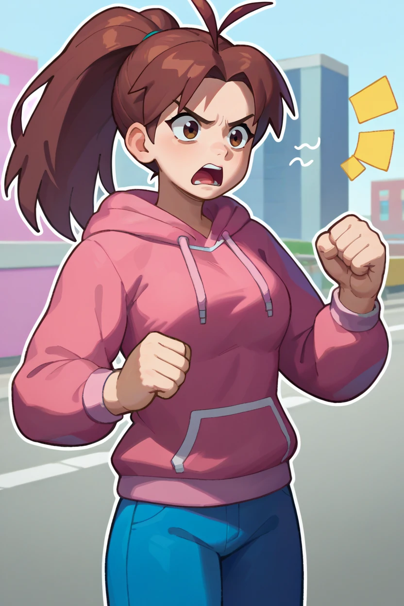 score_9, score_8_up, score_7_up, score_6_up, source_anime, BREAK 1girl, solo,  <lora:gsjenna-pdxl-nvwls-v1-000005:1> gsJenna, brown hair, ponytail, antenna hair, pink hoodie, blue pants, annoyed, open mouth, clenched hand, fist, punch, hand up, city