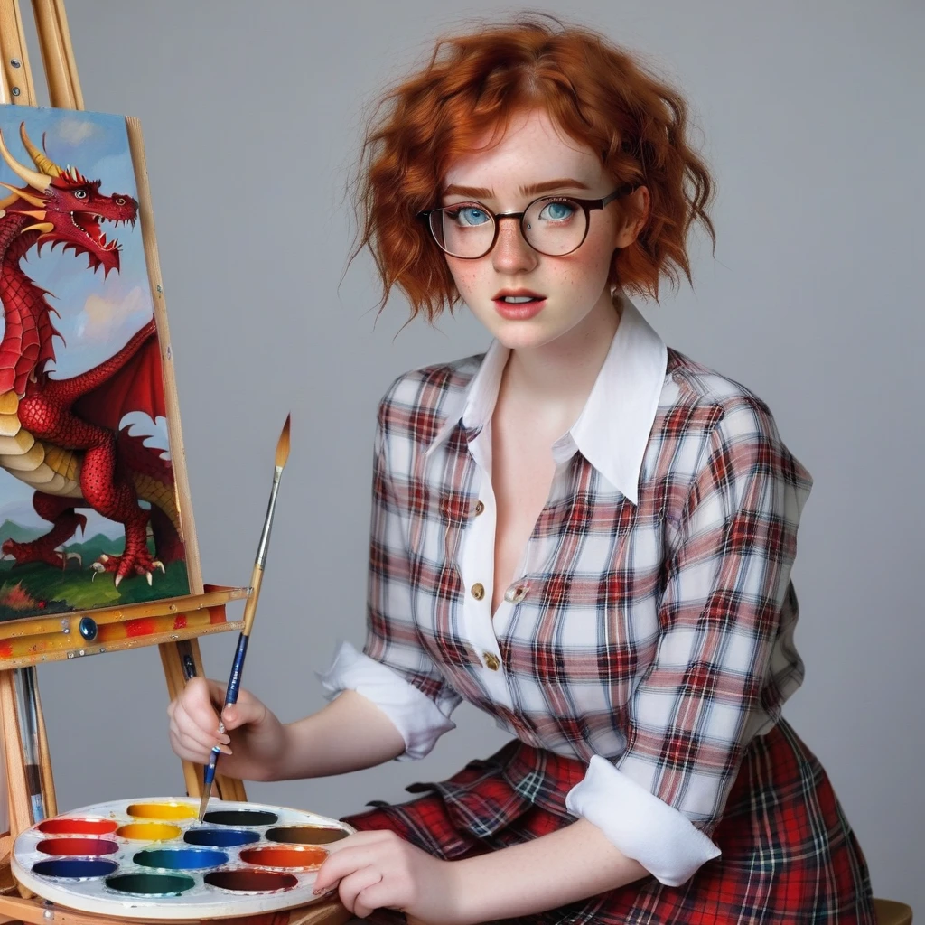 (masterpiece), best quality, expressive eyes, perfect face, cute 18y.o , short curly ginger hair, freckles, glasses, big boobs, white and red checked shirt with white collar, red and blue tartan skirt, sitting on a stool paint palette in front of her on a table, canvas on an easel to the side of her with a painting of a dragon on, she is holding a paintbrush ready to paint