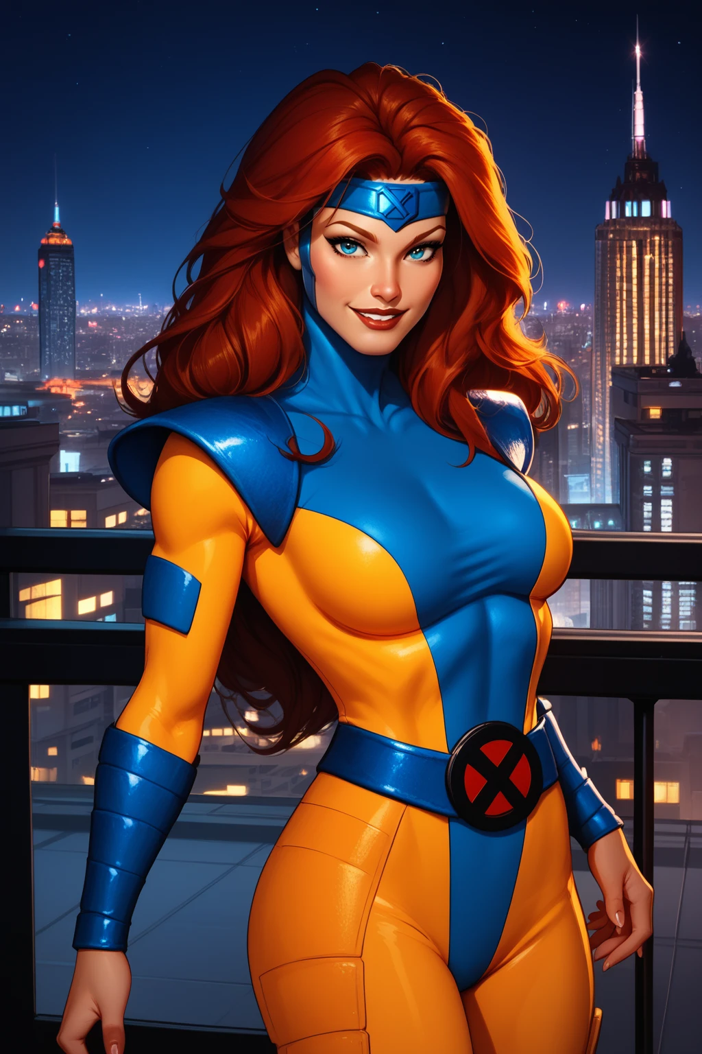 score_9, score_8_up, score_7_up, masterpiece, high quality, BREAK
 <lora:Jean Grey Classic X-MenPonyLoRA:1>jngryclsic, long hair, headband, turtleneck, bodysuit, pauldrons, vambraces, belt, smile, in a city at night, citylights