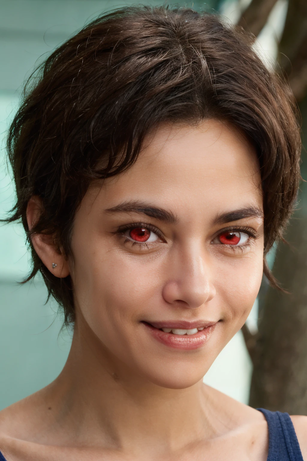 redeyes, a mixed race woman smiling  <lora:redeyes:0.9>