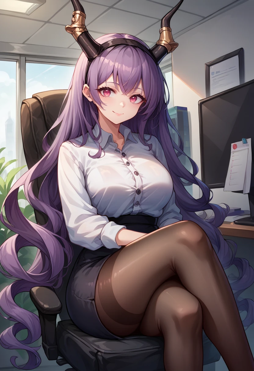 score_9, score_8_up, source_anime, 1girl, solo, TyphonArknights, very long hair, drill hair, black hairband, horns, indoors, office lady, office chair, sitting, crossed legs, miniskirt, black pantyhose, dress shirt, smile, <lora:ChamTyphonPonyXL:1>