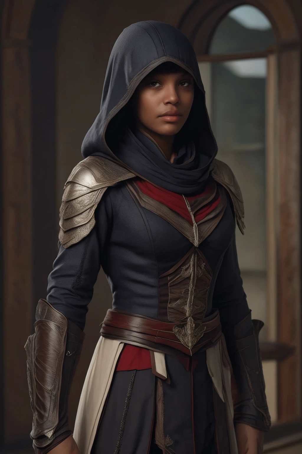 Realistic portrait of a african american woman, hood, wearing Assassin's Creed armor. She stands against a backdrop of 18th-century era French Louisiana, evening moonlight, casting a gentle warmth on her features. (full body:1.3), <lora:[VG]_-_Aveline_de_Grandpre:1> <lora:assassins:.75>