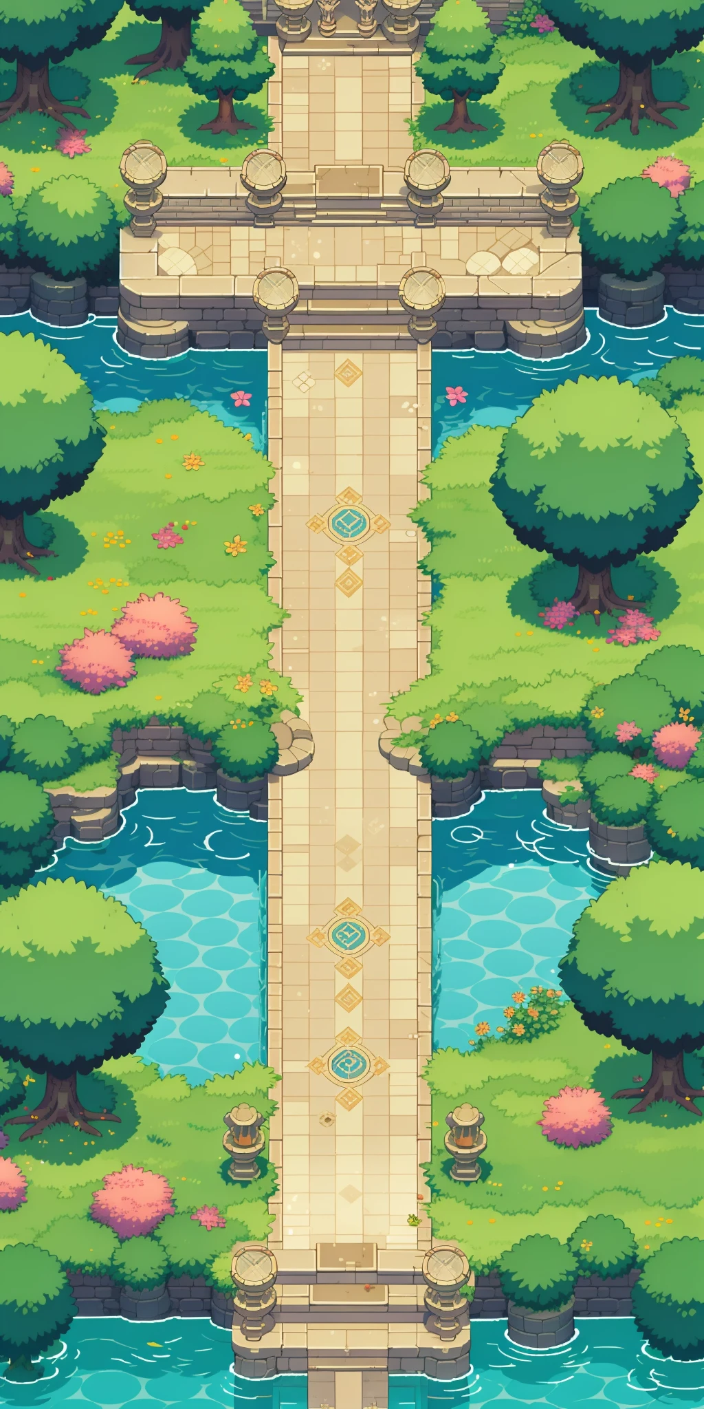 <lora:ç«çæ¸¸æåç´ åºæ¯-000009:0.75>HEZI, game scene, pixel style, vertical game interface, European and American game style, water, tree, stairs, bush, no humans, flower, bridge, scenery, plant, from above