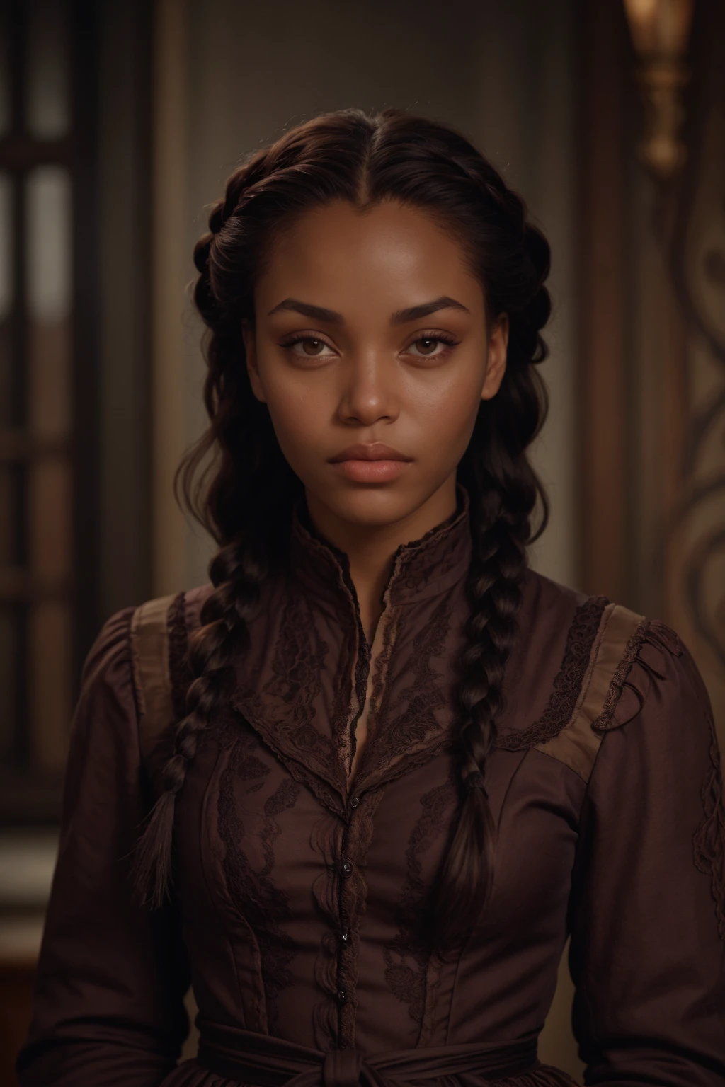 Realistic portrait of a african american woman with braided auburn hair, wearing a brown assassin robe, assassin's creed. 18th-century era, She stands against a backdrop of soft, evening moonlight, casting a gentle warmth on her features.  <lora:[VG]_-_Aveline_de_Grandpre:1>