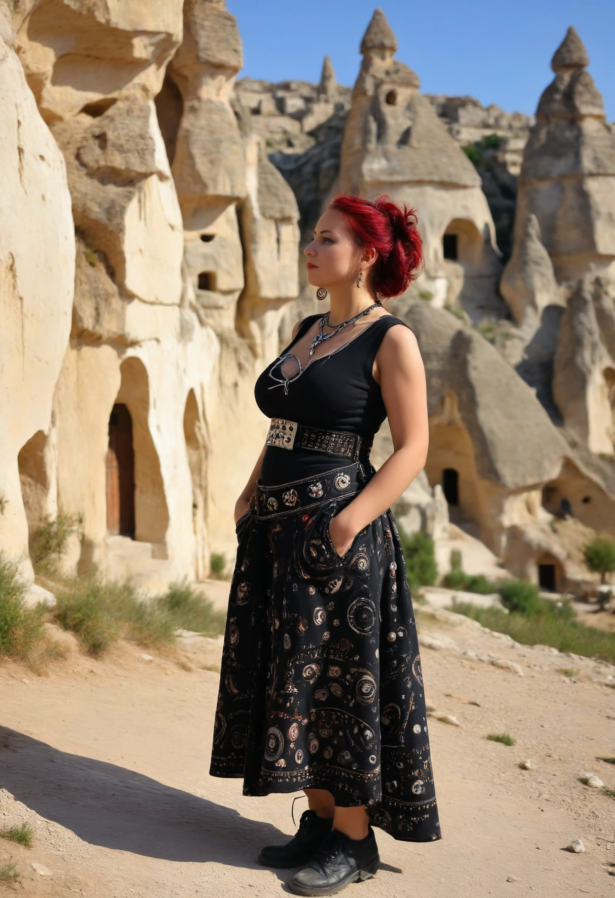 punk, woman, masterpiece, high quality , __pose__, cappadocia, , mature , Plump ,  , (Watchful:0.3)   <lora:punk-XL:1>