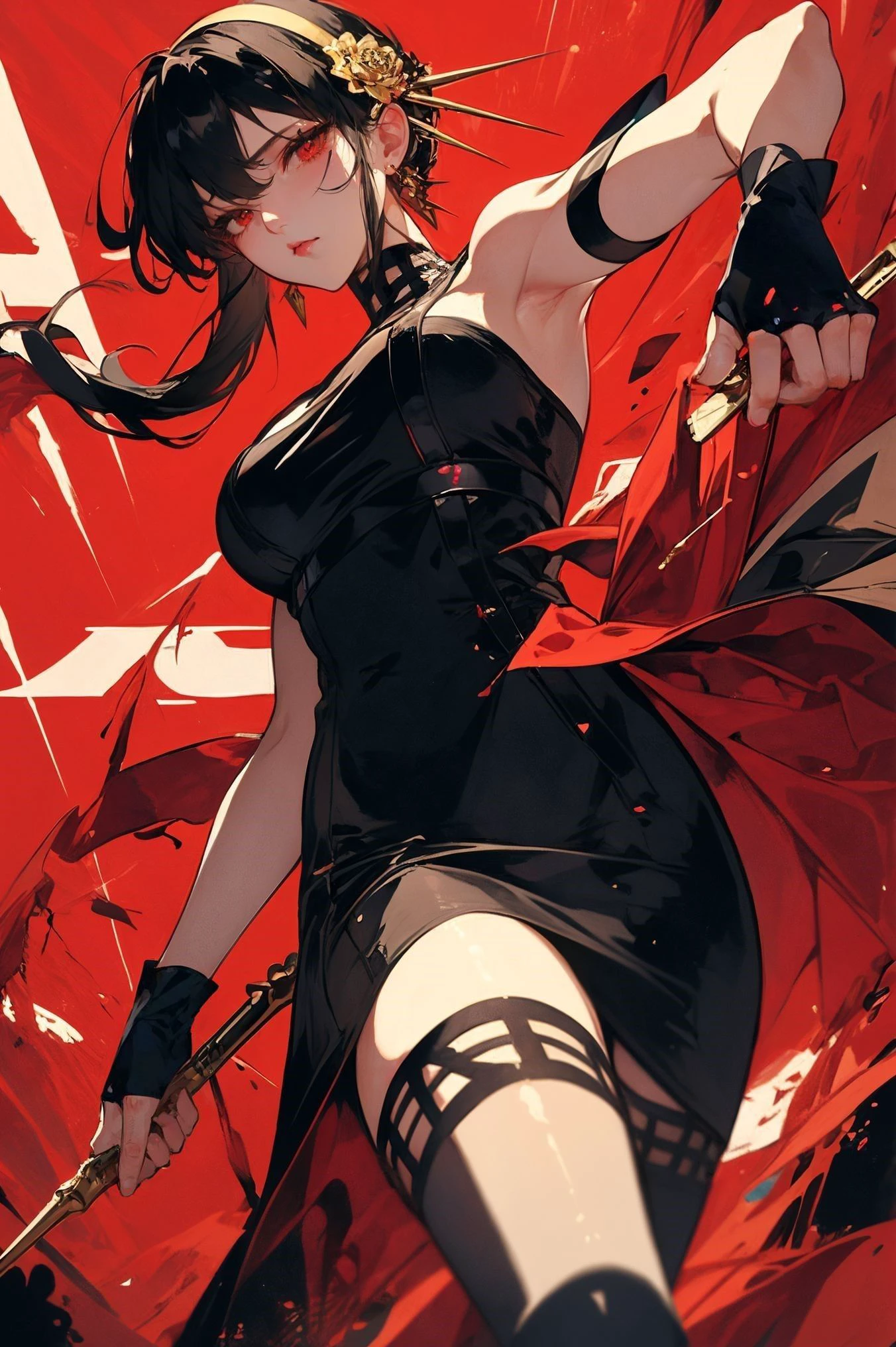 XUER Yor Forger,1girl,yor briar,red eyes,solo,dress,black hair,black dress,breasts,gloves,red background,holding,fingerless gloves,large breasts,holding weapon,black gloves,thighhighs,pantyhose,looking at viewer,blood,earrings,hairband,jewelry,bare shoulders,hair ornament,two-sided dress,sleeveless,armpits,dual wielding,flower,
A shot with tension,(Visual impact,giving the poster a dynamic and visually striking appearance:1.2),impactful picture,
(masterpiece, best quality:1.2),offcial art,movie perspective,advertising style,magazine cover,very aesthetic,disheveled hair,
very aesthetic,illustration,disheveled hair,perfect composition,moist skin,intricate details,
<lora:绪儿 约尔福杰 XUER Yor Forger:0.8>,